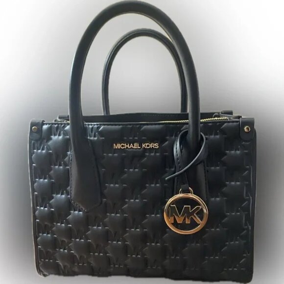 NWT ✅  Michael Kors MAPLE Small MK Embossed Leather Satchel BLACK ✨NWT - Picture 5 of 14